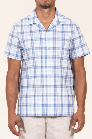 1650 Plaid Cotton Camp Collar S/SL - Blue