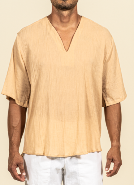 2390C  Gauze Oversize Collarless Tunic - Sand