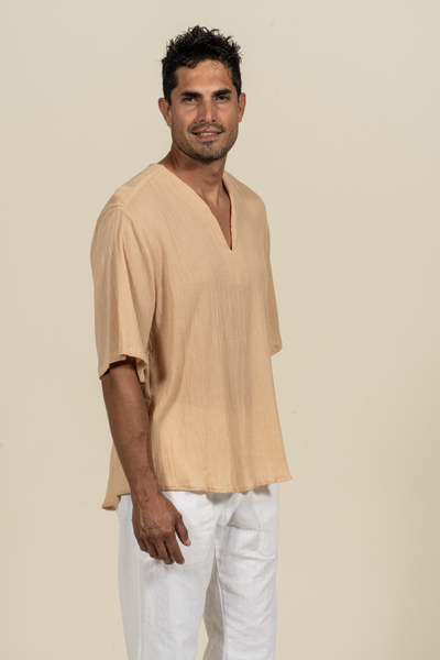 2390C  Gauze Oversize Collarless Tunic - Sand