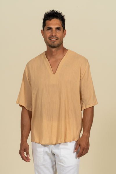 2390C  Gauze Oversize Collarless Tunic - Sand