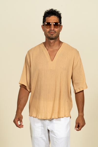 2390C  Gauze Oversize Collarless Tunic - Sand